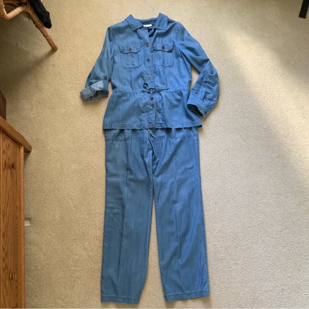 Charter Club denim suit with safari jacket and drawstring pants